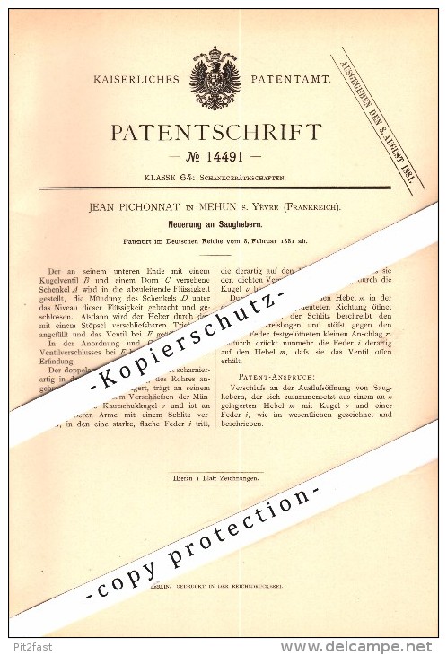 Original Patent - Jean Pichonnat à Mehun-sur-Yevre , 1881 , Siphon pour alcooliques !!