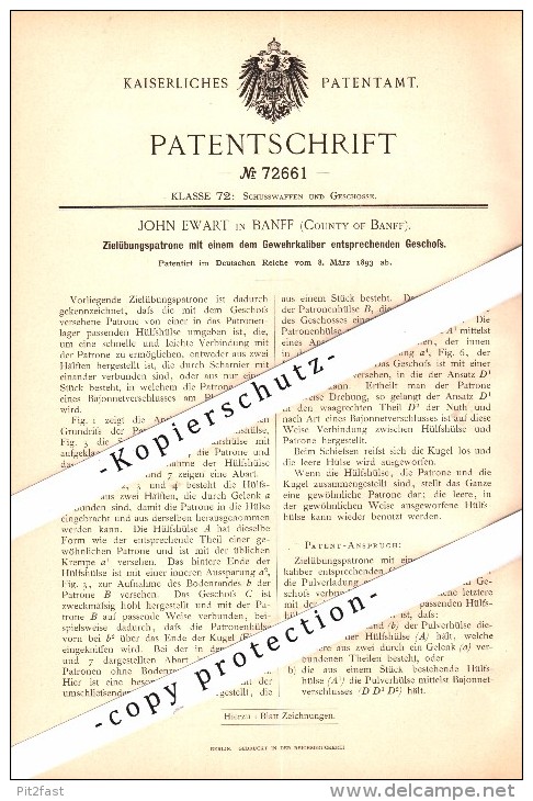 Original Patent - John Ewart in Banff , County of Banff , 1893 , Target practice cartridge for rifle , Scotland !!!