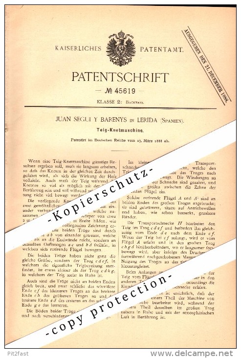 Original Patent - Juan Segui y Barenys en Lerida / Lleida , 1888 , Mezclador de masa para la pasta , panadería !!!