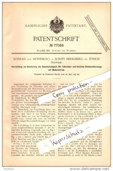 Original Patent - Konrad von Meyenburg in Schipf Herrliberg b. Zürich , 1893, Geschwindigkeitsapparat für Motorfahrzeuge