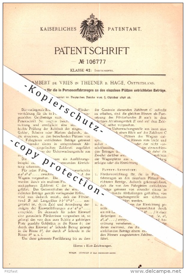 Original Patent - Lambert de Vries in Theener b. Hage , 1898 , Geldeinzahler für Automobile , Busse , Taxi , Bus !!!