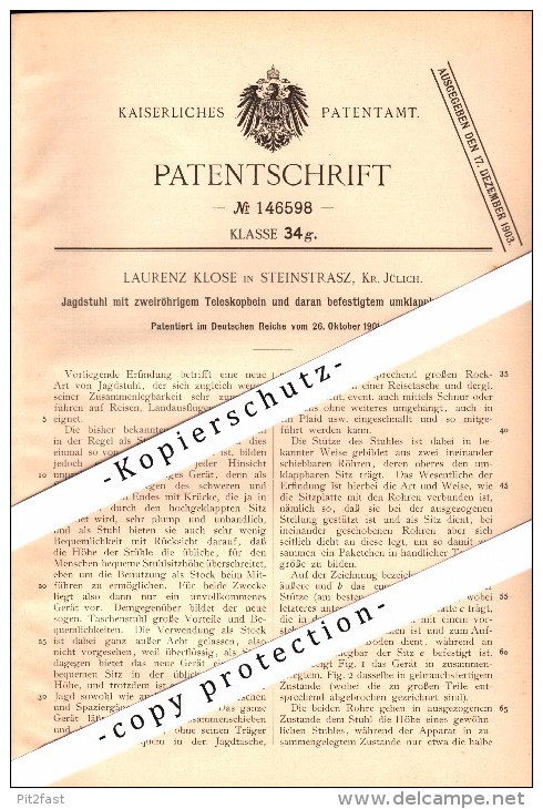 Original Patent - Laurenz Klose in Lich-Steinstraß b. Jülich , 1901 , Jagstuhl mit Teleskop , Jagd !!!