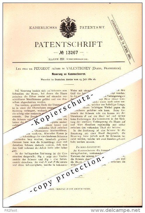 Original Patent - Les fils de PEUGEOT à Valentigney , Doubs , 1880 , Clippers , coiffeur !!!