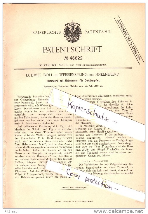 Original Patent - Ludwig Boll in Weißenspring / Groß Lindow bei Finkenheerd , 1888 , Rührwerk , Mühle , Brieskow !!!