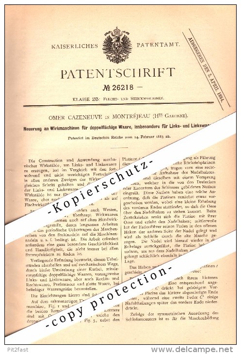 Original Patent - Omer Cazeneuve à Montrejeau , 1883 , Machine pour le tricotage !!!