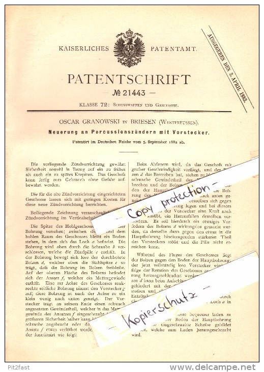 Original Patent - Oscar Granowski in Briesen / Wabrzezno , 1882 , Percussionszünder , Munition , Granate !!!