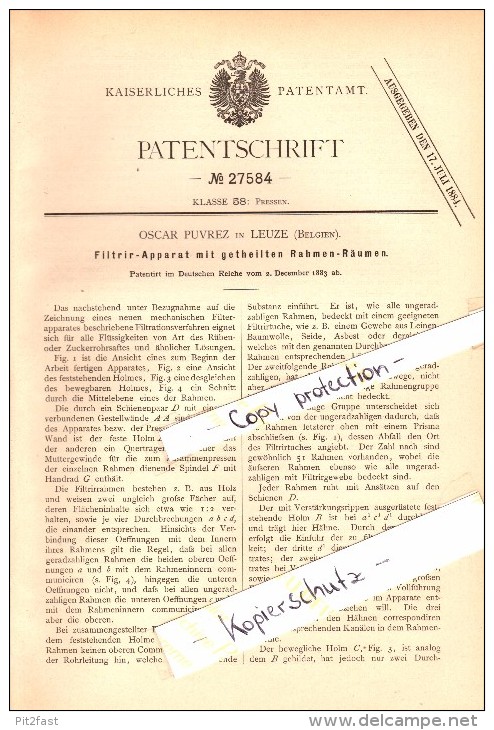 Original Patent - Oscar Puvrez in Leuze-en-Hainaut , 1883 , Filtrier-Apparat !!!