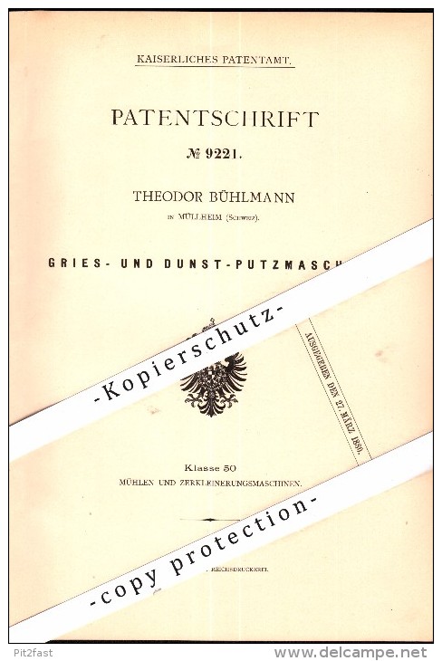 Original Patent - Theodor Bühlmann in Müllheim , Schweiz , 1879 , Gries-Putzmaschine , Mühle , Frauenfeld !!!