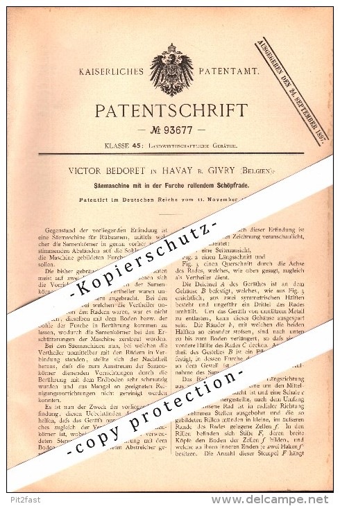 Original Patent - Victor Bedoret in Havay b. Givry , Quévy , 1896 , Säemaschine für Landwirtschaft , Agrar !!!