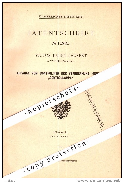 Original Patent - Victor Julien Laurent à Valdoie , 1880 , Témoin de contrôle pour la combustion , Wedau !!!