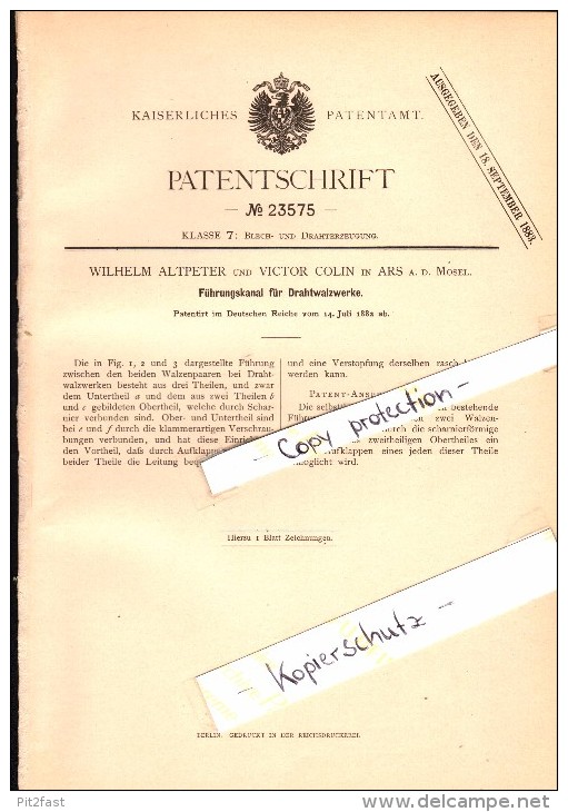 Original Patent - W. Altpeter und V. Colin à Ars sur Moselle , 1882 , Canal pour laminoir à fil !!!