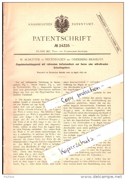 Original Patent - W. Schlüter in Neuenhagen b. Oderberg-Bralitz , 1883 , Ziegel-Abschneideapparat , Bad Freienwalde !!!