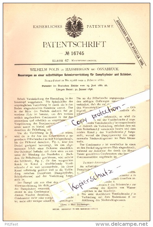 Original Patent - Wilhelm Polis in Haßbergen , 1881 , Schmiervorrichtung für Dampfcylinder , Osnabrück !!!