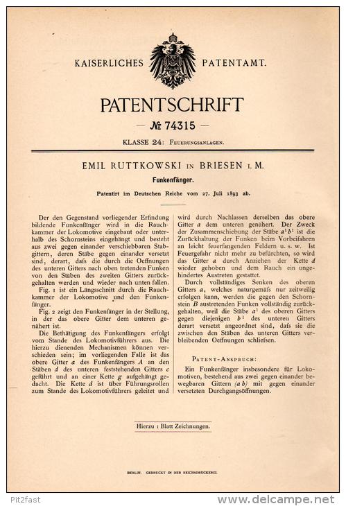 Original Patentschrift - E. Ruttkowski in Briesen / Mark ,1891, Lokomotive - Funkenfänger , Lok , Eisenbahn , Locomotive