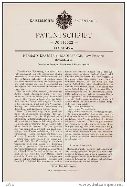 Original Patentschrift -H. Draeger in Bladersbach / Waldbröhl , Post ,1900, Lehrmittel , Mathematik , Nümbrecht , Schule