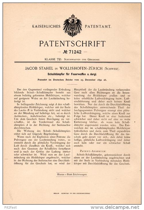 Original Patentschrift - J. Stahel in Wollishofen - Zürich , 1892 , Schalldämpfer für Feuerwaffe , Pistole  !!!