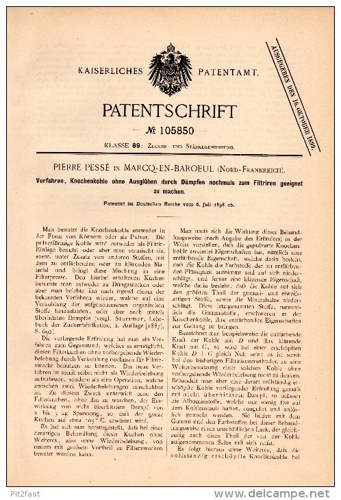 Original Patentschrift - Pierre Pessé dans Marcq en Baroeul , 1898 , Atténuation du charbon, usine de sucre , Barœul