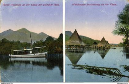 german new guinea, Rheno-Westfalia Boat, Stilt Houses (1918) Mission Postcard