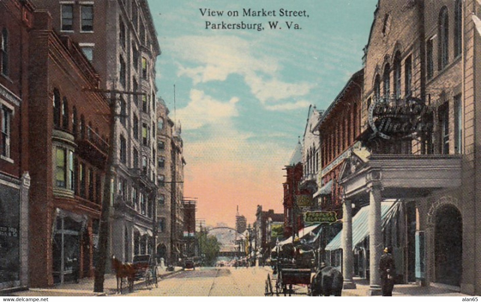 Parkersburg West Virginia, View on Market Street, Horse-drawn Wagon, Theatre c1910s Vintage Postcard