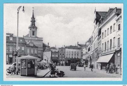 NEDERLAND prentbriefkaart Markt 1953 Bergen op Zoom met treinstempel Roosendaal - Nijmegen naar België