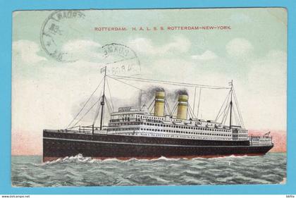 NEDERLAND prentbriefkaart schip HAL S.S. Rotterdam - New York 1908 Rotterdam naar Boxmeer (hoekvouw)