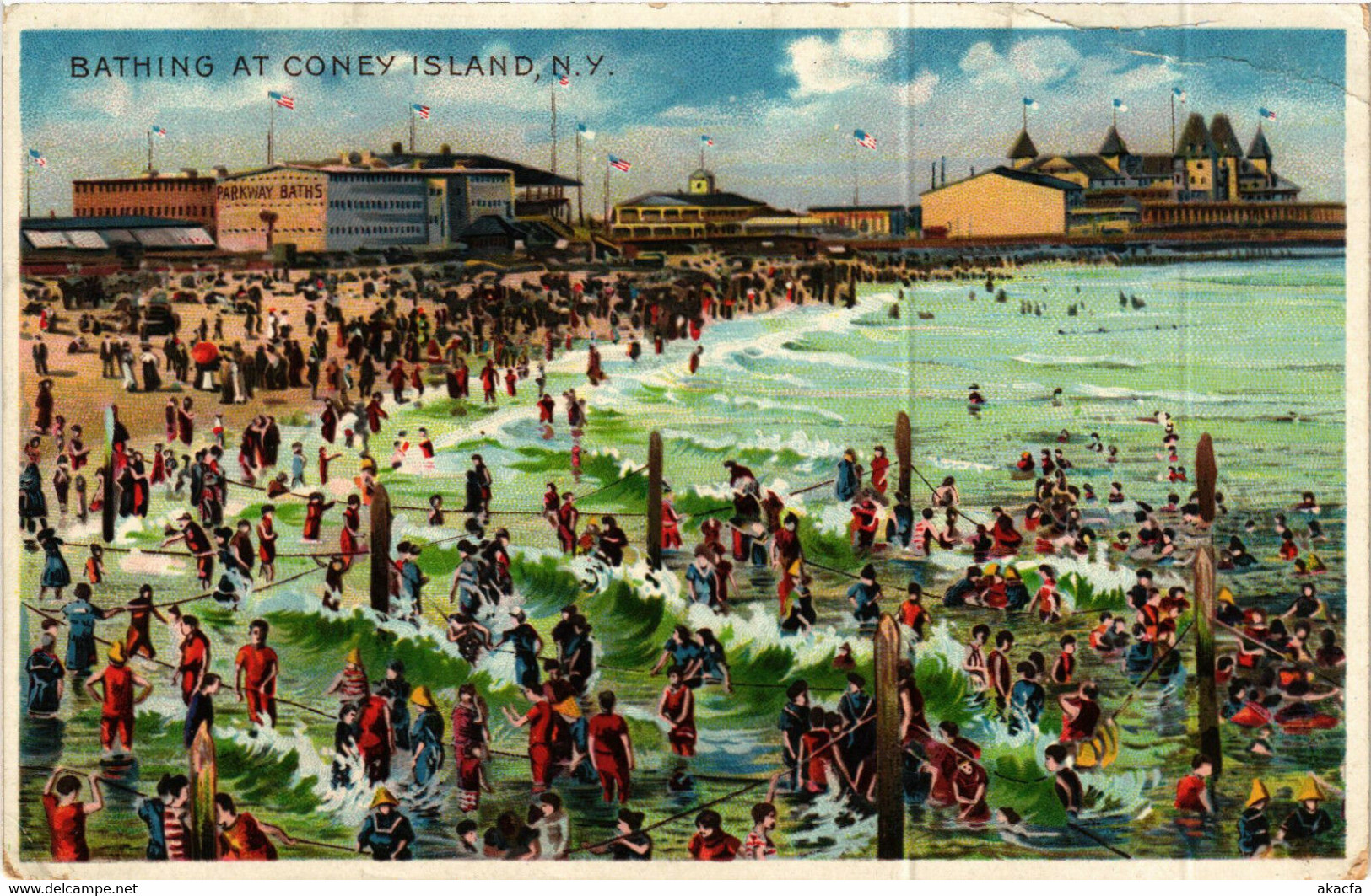 PC CPA US, NY, NEW YORK, BATHING AT CONEY ISLAND, LITHO POSTCARD (b6467)