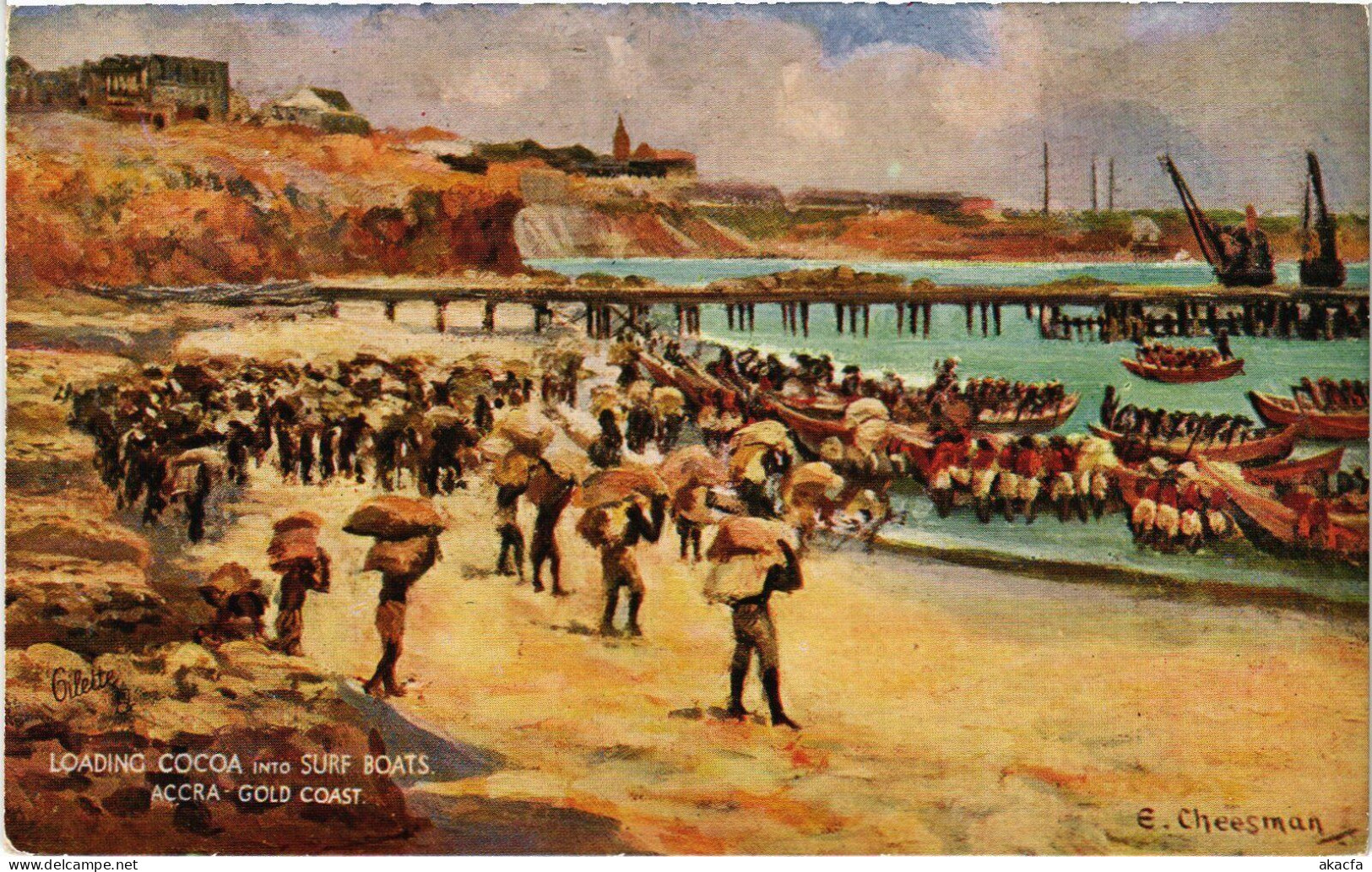 PC GOLD COAST GHANA ACCRA LOADING COCOA INTO SURF BOATS ETHNIC TYPES (a53354)