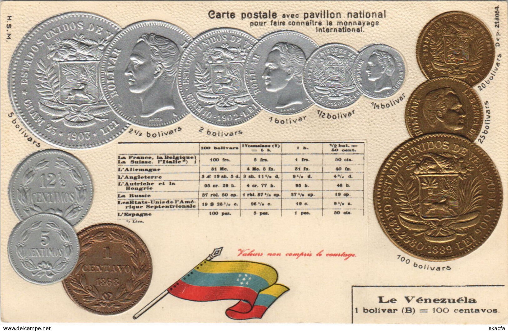 PC VENEZUELA, COINS OF VENEZUELA, Vintage EMBOSSED Postcard (b43541)