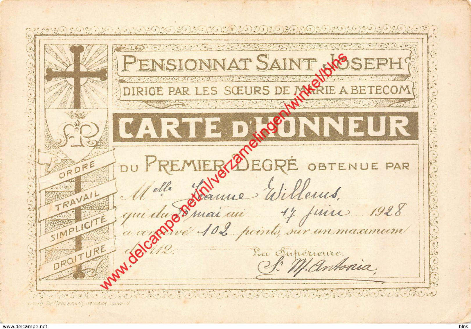 Pensionnat Saint Joseph - carte d'Honneur - Betekom Begijnendijk