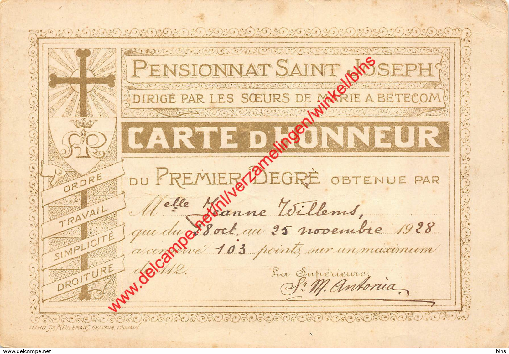 Pensionnat Saint Joseph - carte d'Honneur - Betekom Begijnendijk