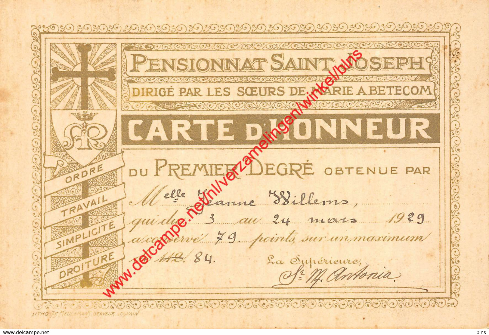 Pensionnat Saint Joseph - carte d'Honneur - Betekom Begijnendijk