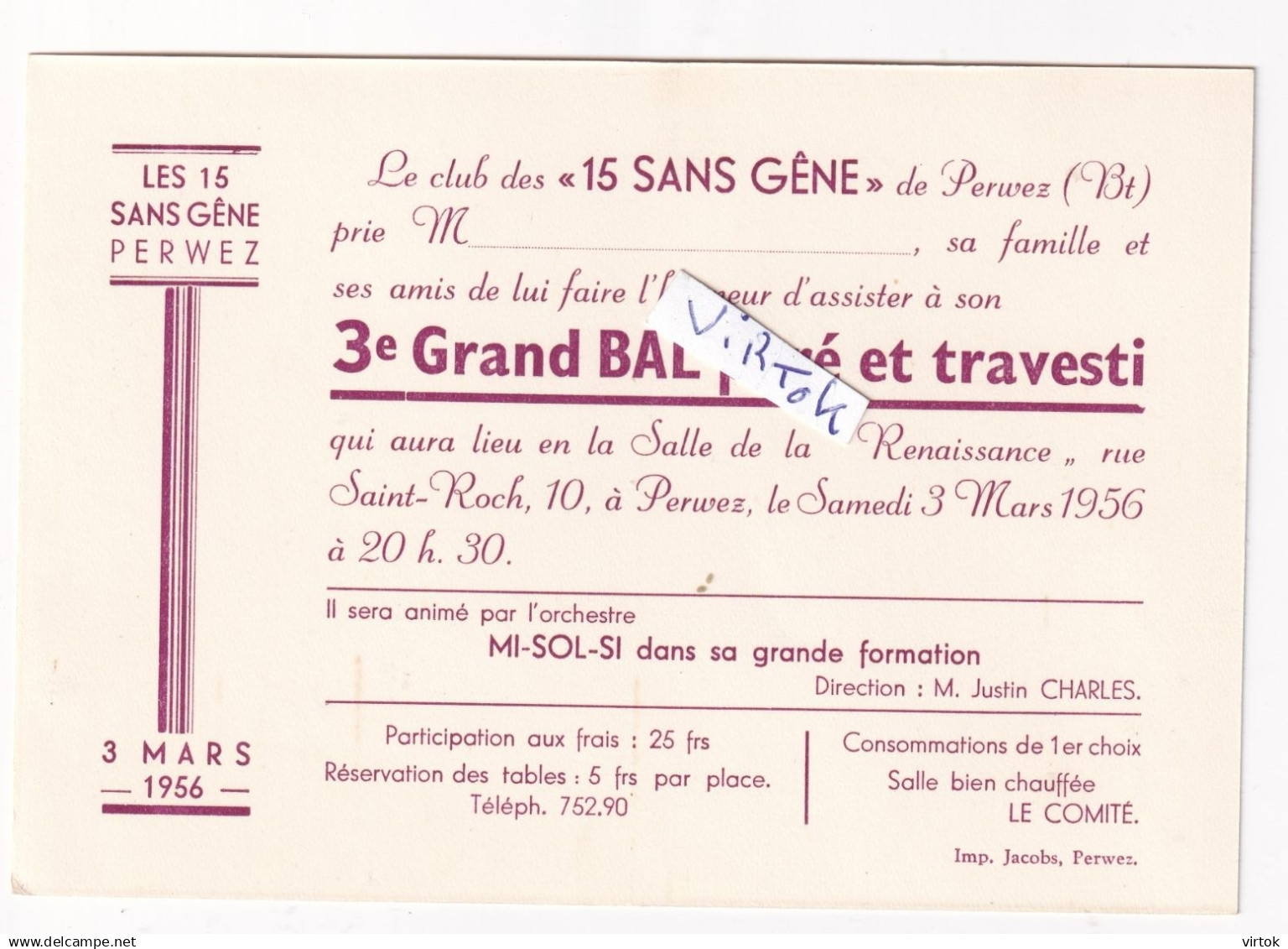 PERWEZ :   grand BAL  paré et travesti  1956