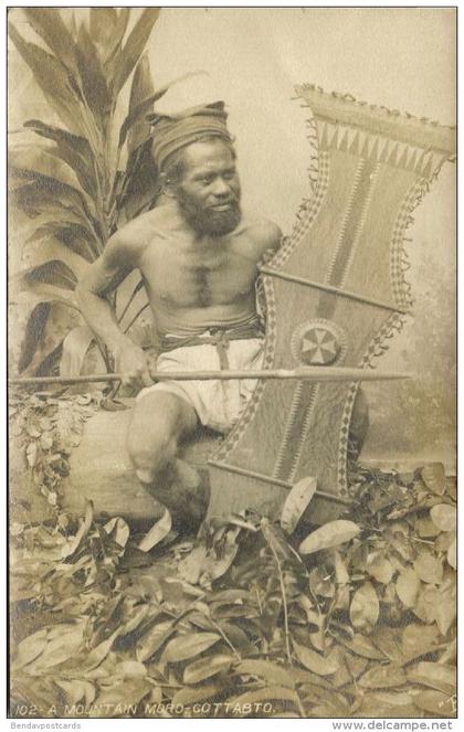 philippines, COTABATO, Armed Native Mountain Moro Warrior, Shield (1910s) RPPC Postcard