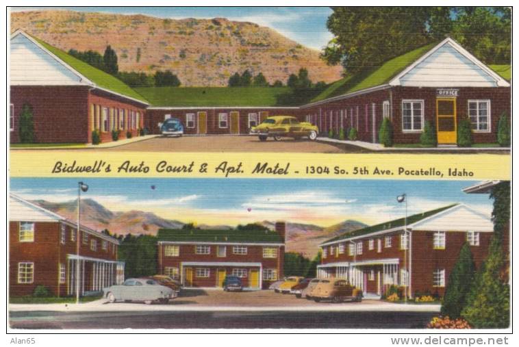 Pocatello ID Idaho, Bidwell's Auto Court &amp; Apartment Motel Lodging, Autos c1940s Vintage Linen Postcard