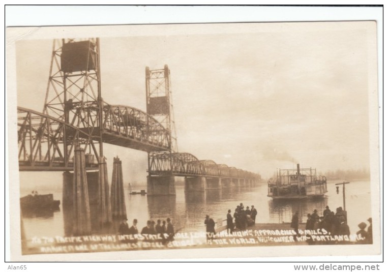 Portland OR Oregon, Columbia River Ferry, Bridge, c1910s Vintage Real Photo Postcard