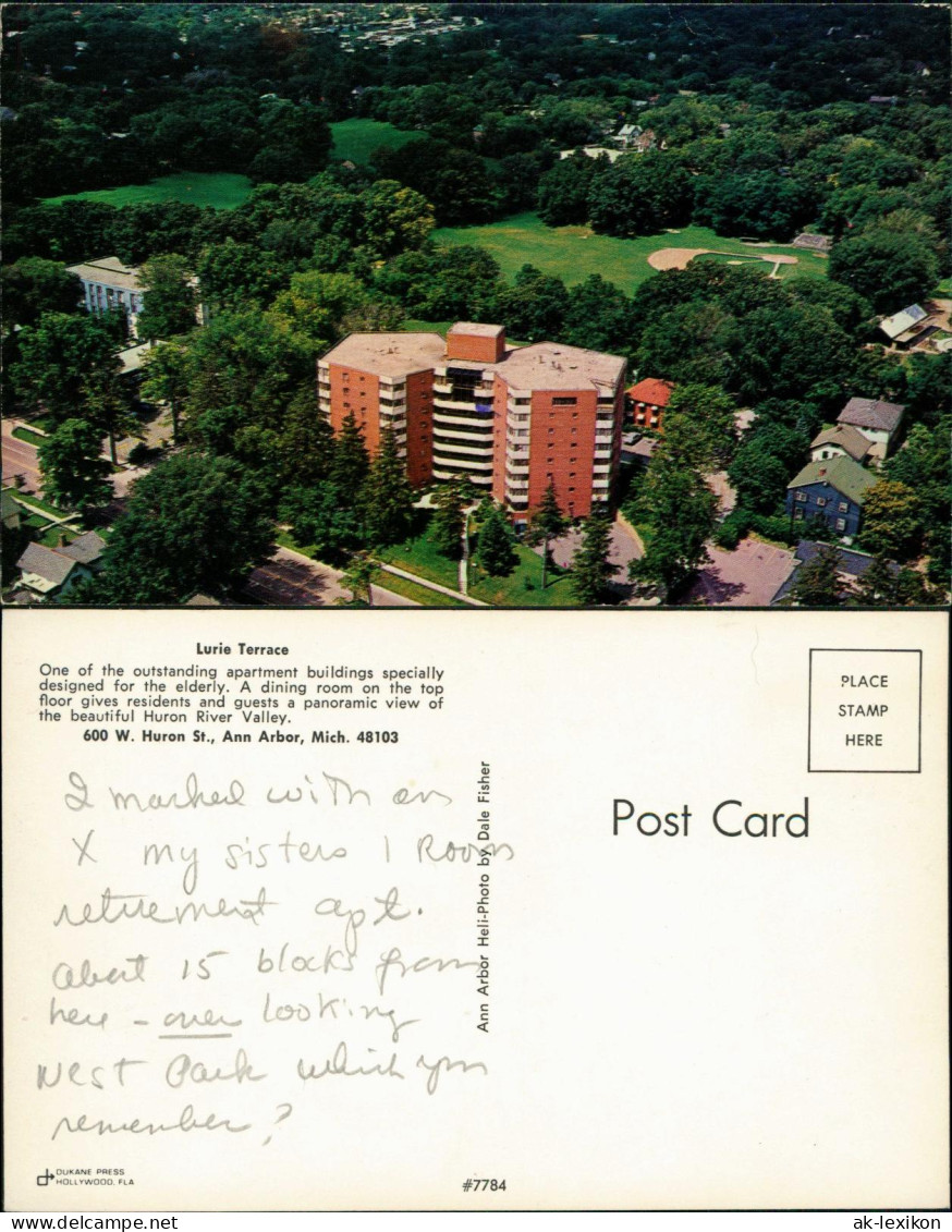 Postcard Ann Arbor Lurie Terrace 600 W. Huron St. (Aerial View) 1970