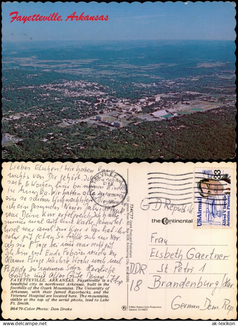 Postcard Fayetteville Arkansas Areal View Luftbild 1986  gel. US Airmail