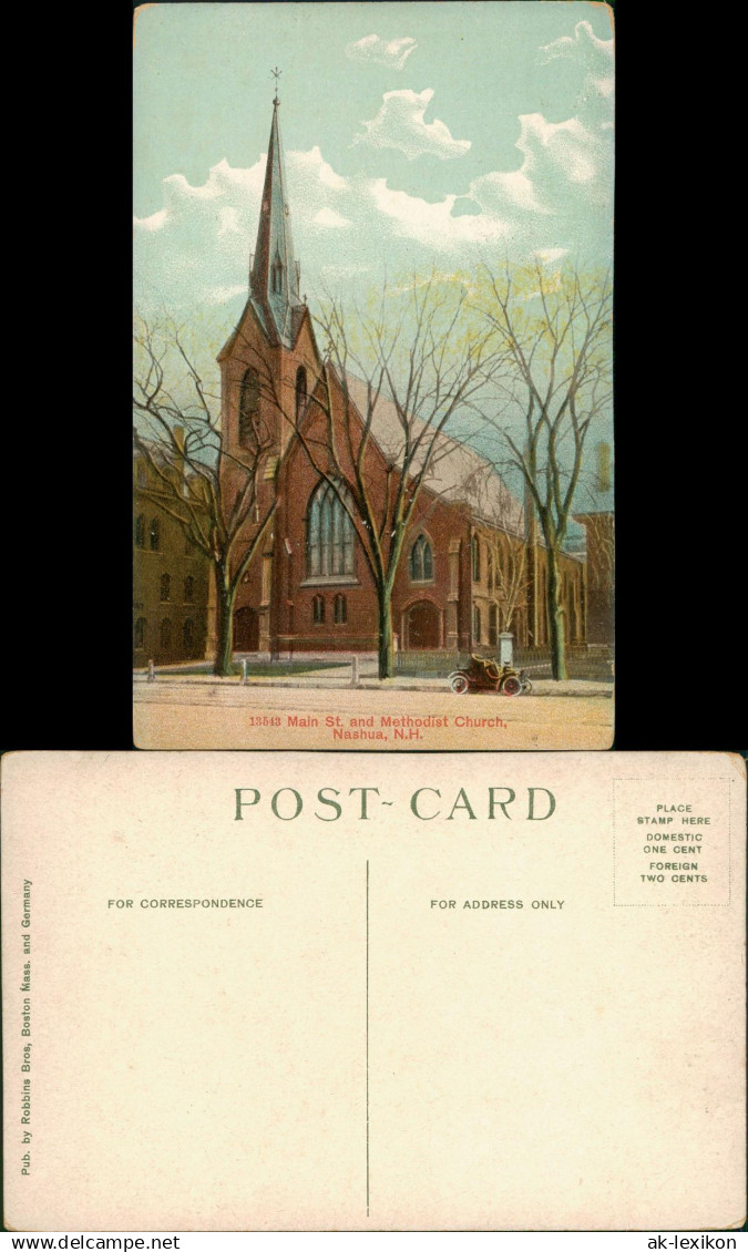 Postcard Nashua Main Street and Methodist Church (Kirche) 1910