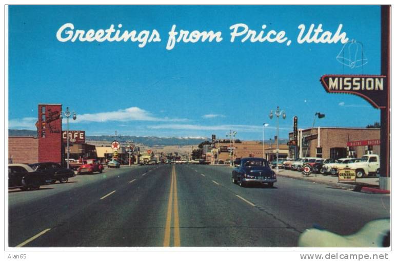 Price UT Utah, Main Street Scene View, Auto Dealership, c1950s Vintage Postcard