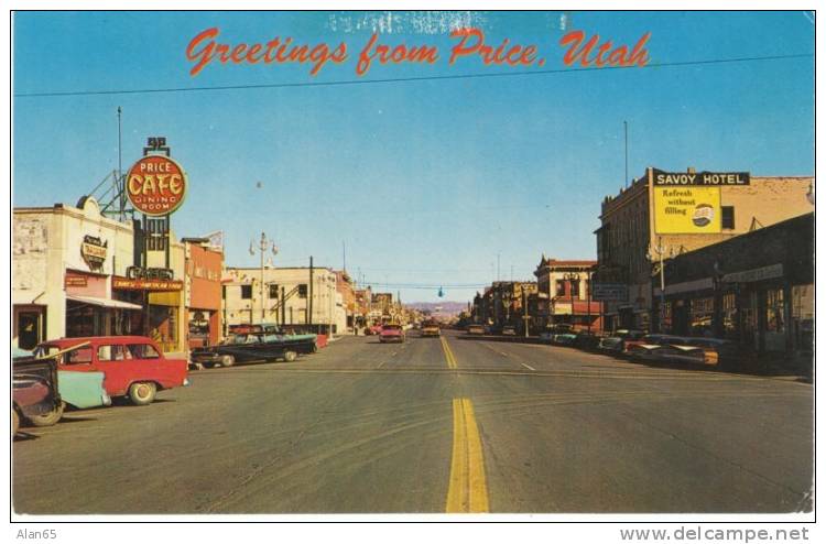 Price UT Utah, Main Street Scene View, Autos, c1950s Vintage Postcard