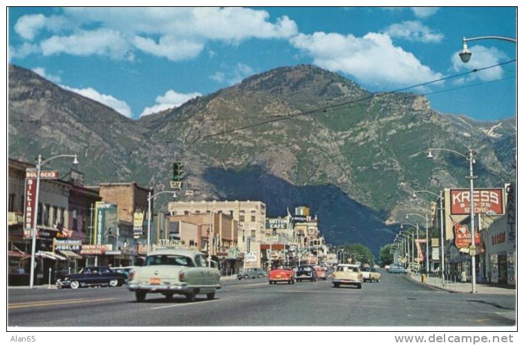 Provo UT Utah, Main Street, Auto, Downtown Business District, Billiards Sign, c1950s Vintage Postcard