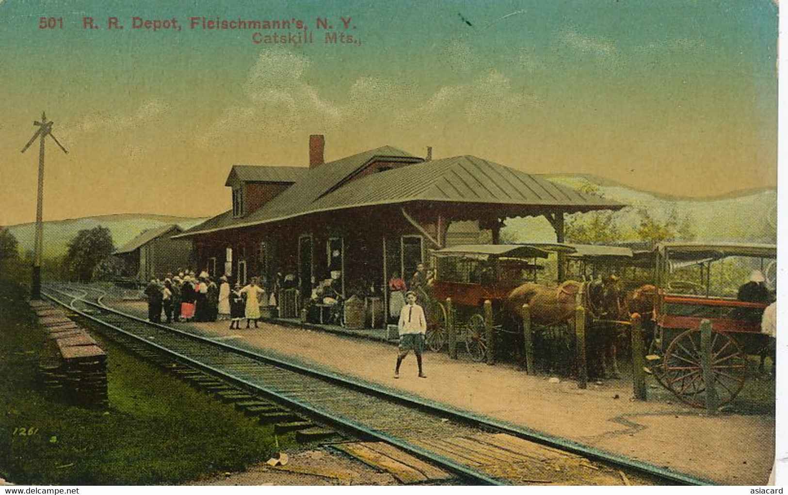 R.R. Depot Fleischmann's Catskill Mts   Hand colored Gare Train Station