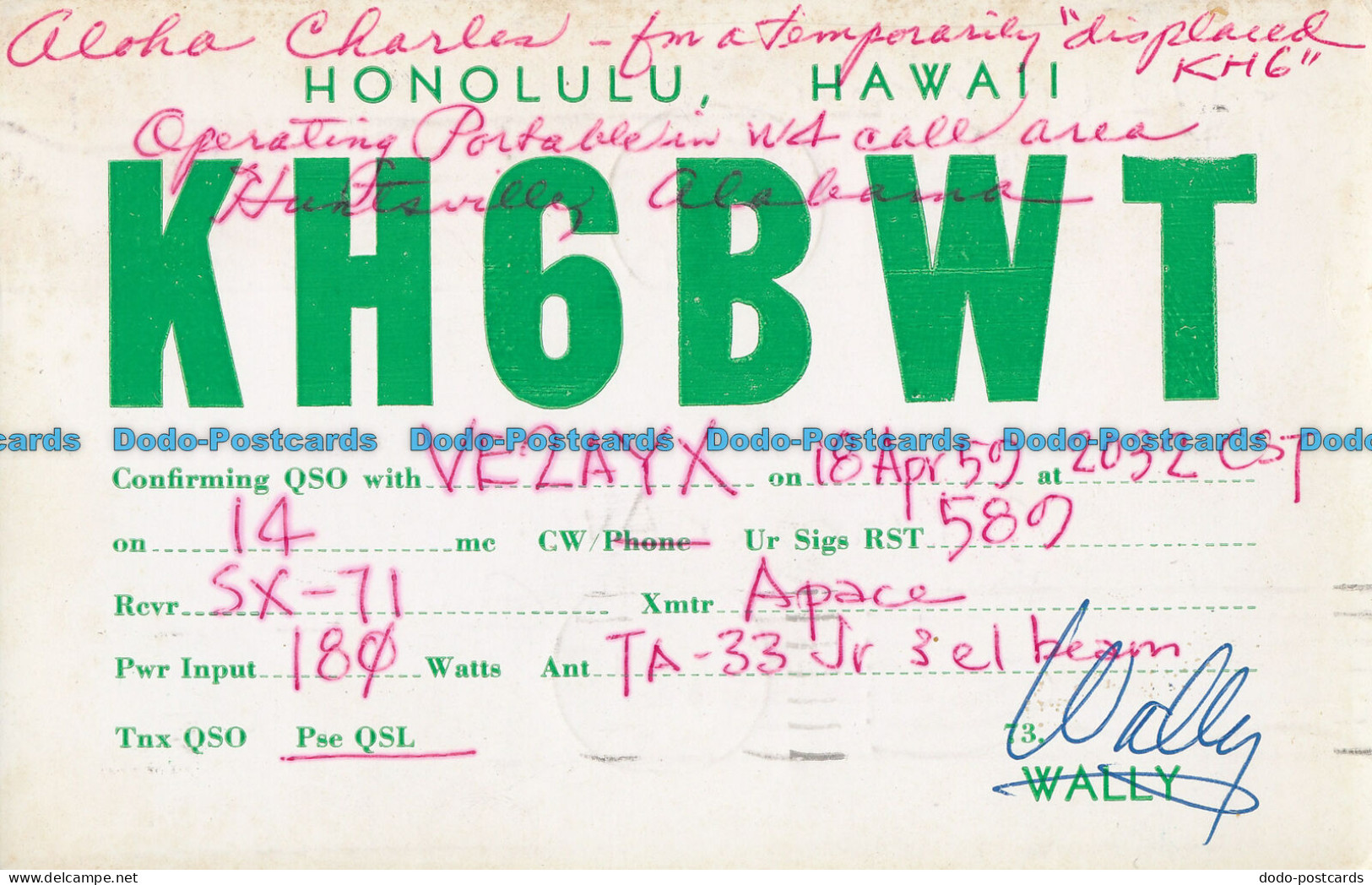 R012776 Honolulu. Hawaii KH6BWT. 1959