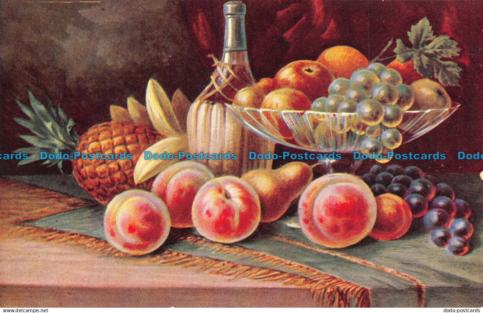 R121116 Old Postcard. Peaches Pineapple Apples Bottle and Grapes. Hildesheimer