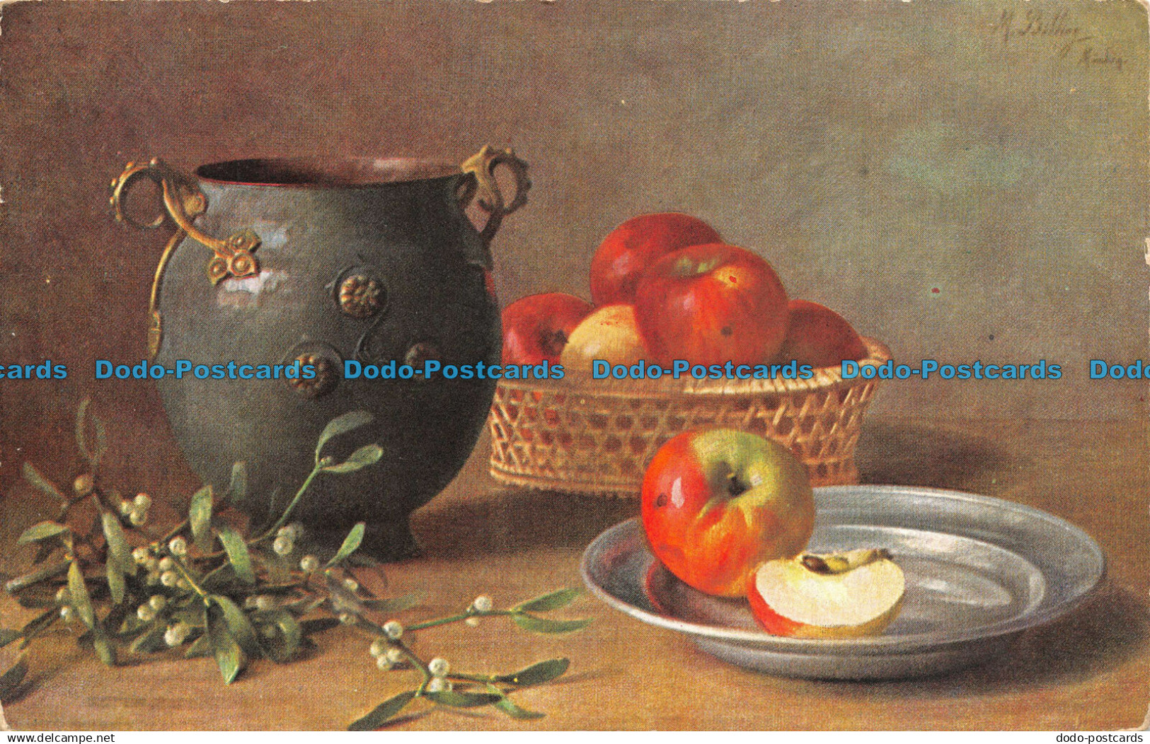 R121235 Painting Postcard. Apples and Vases on the Table