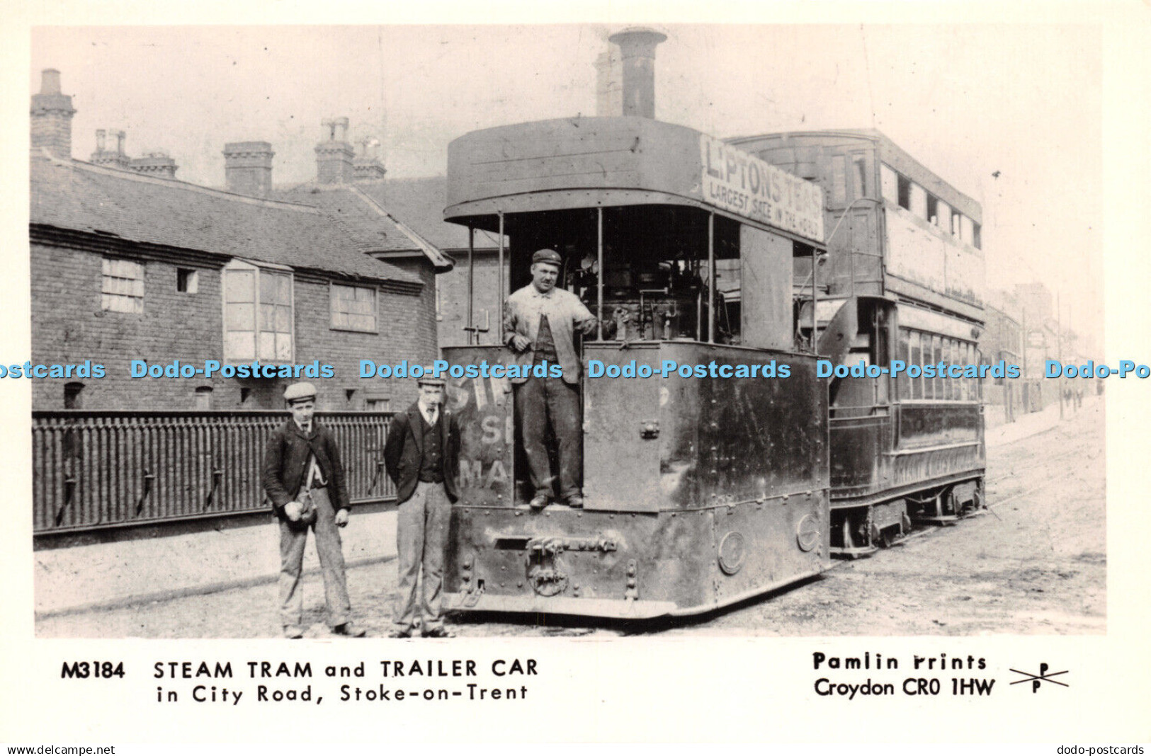 R241795 M3184 Steam Tram and Trailer Car in City Road Stoke on Trent Pamlin Prin