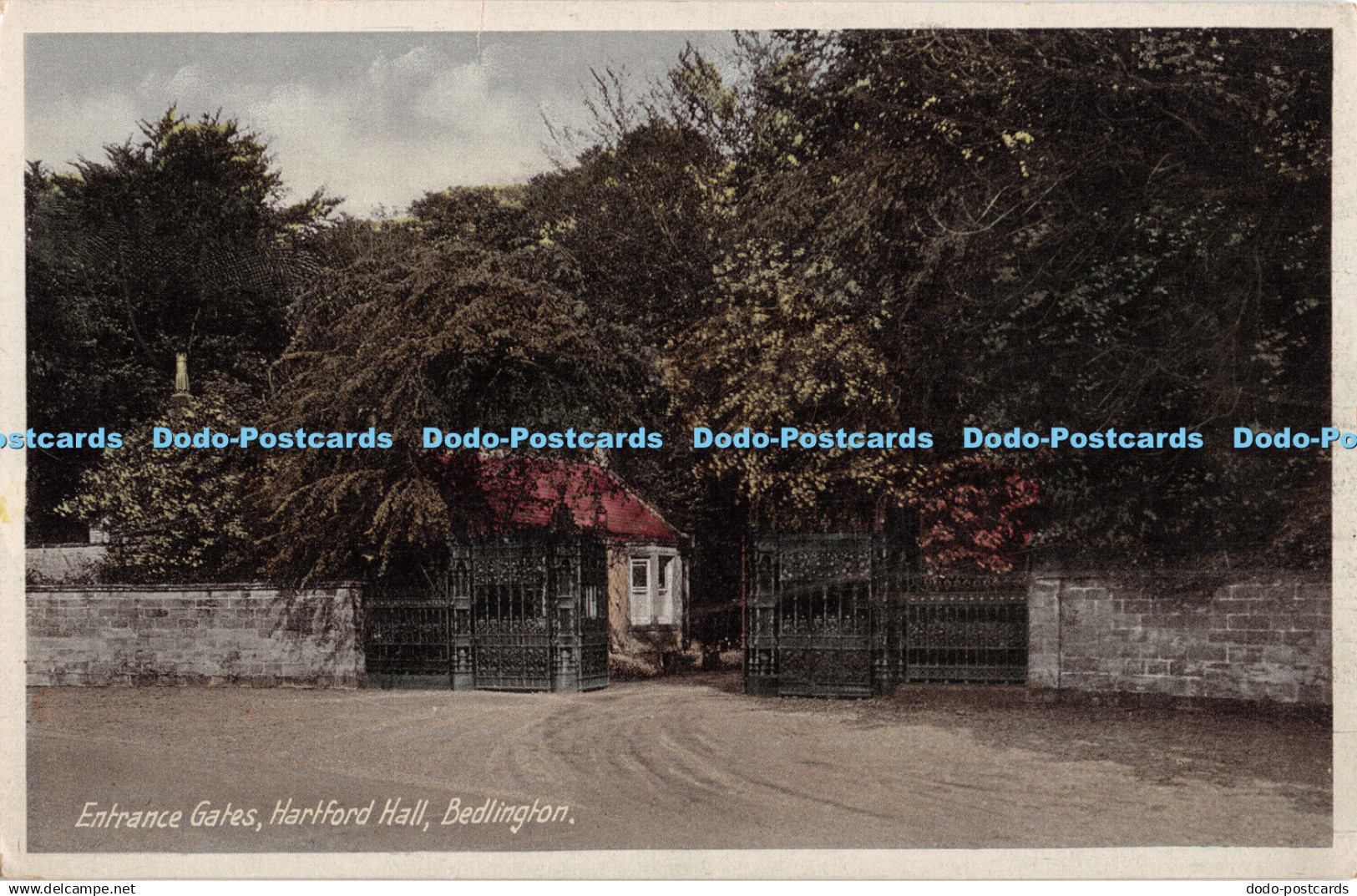 R427019 Bedlington Entrance Gates Hartford Hall Hand Coloured Card Foreign Print