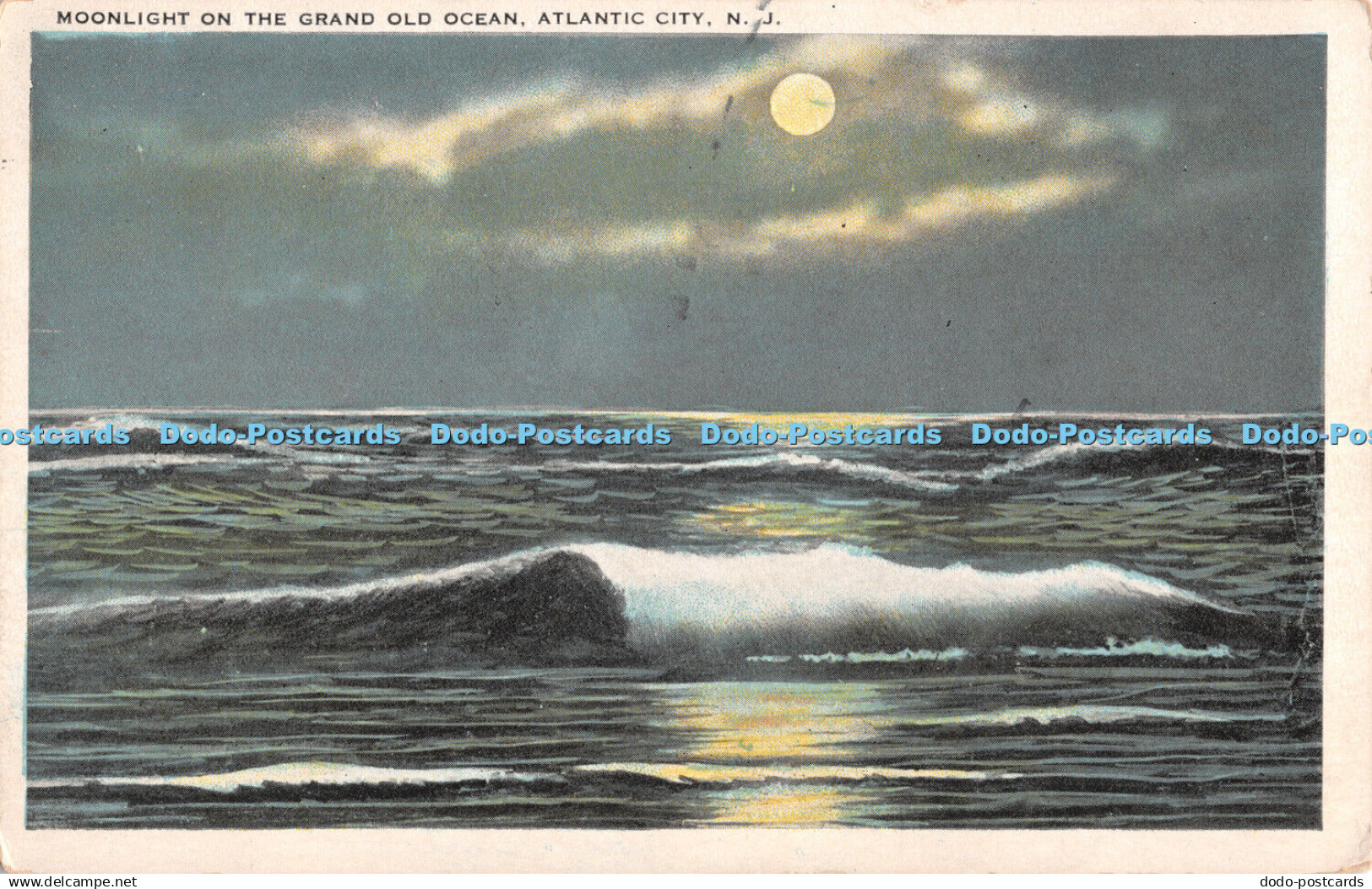 R486301 N J Atlantic City Moonlight on the Grand Old Ocean Sithens Post Card Tic