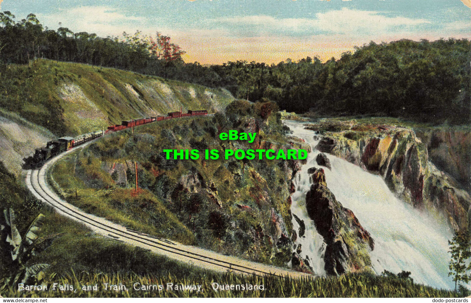 R564950 Barron Falls and Train Cairns Railway. Queensland. Coloured Shell Series