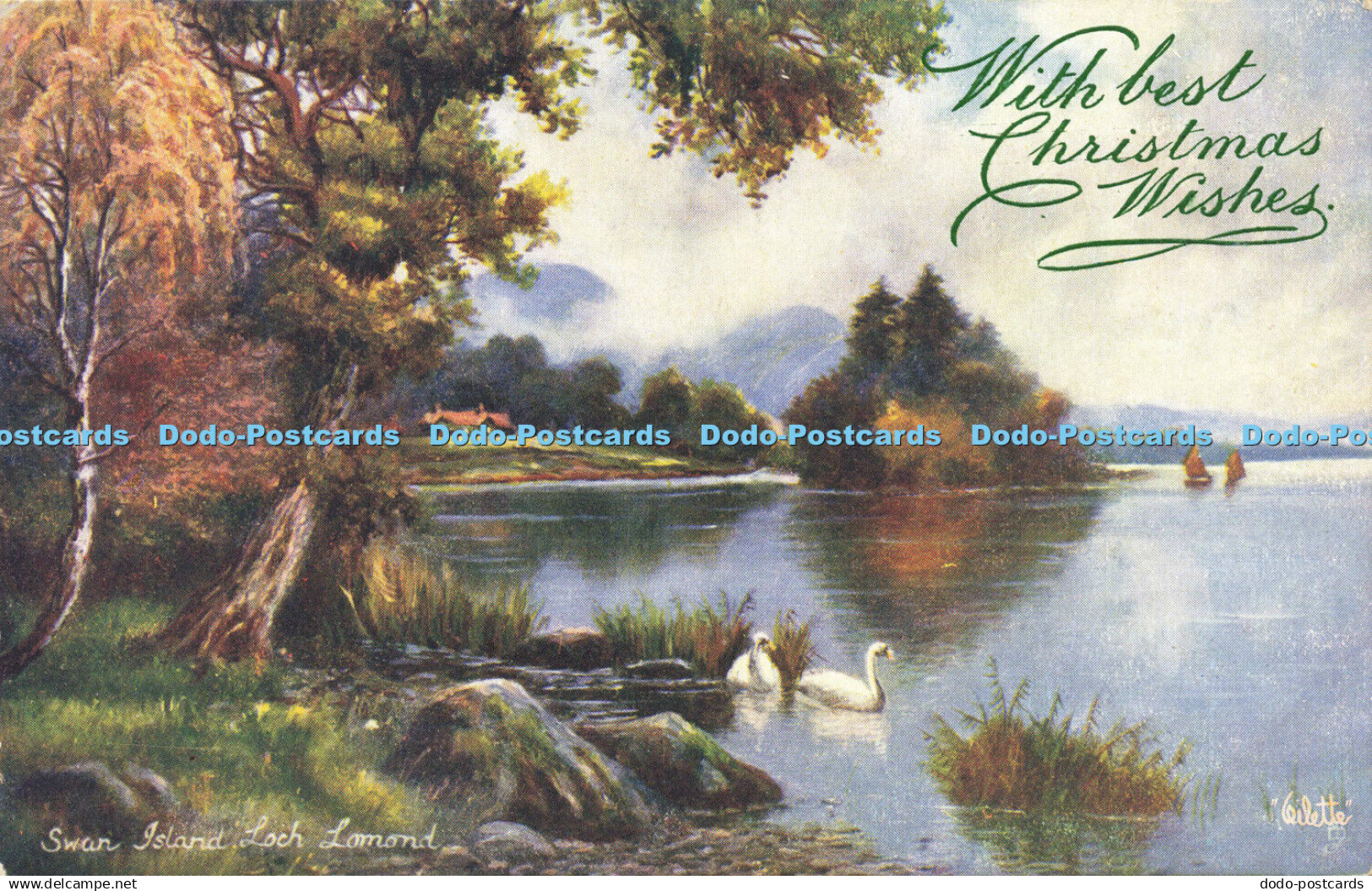 R605848 Swan Island Loch Lomond With best Christmas Wishes Trossachs Tuck Oilett